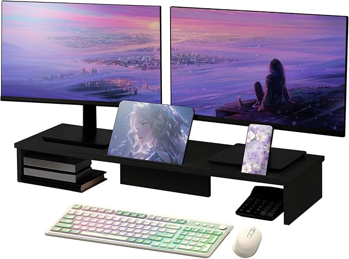 Dual Monitor Stand Riser with Phone Tablet Holder, 35.8in Large Monitor Stand for Desk, Computer Monitor Stand for 2 Monitors, Desk Shelf for Top of Desk, Desktop Organizer for Laptop, Printer, TV