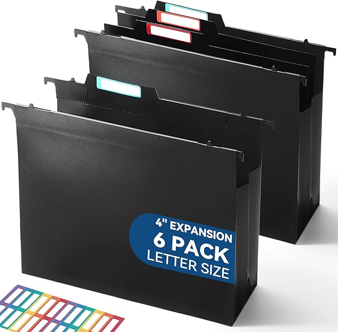 Plastic High Capacity Hanging File Folders, Letter Size, 4" Expanding Accordion Pocket with Movable Dividers, Heavy Duty for Filing Cabinet, Insertable Tabs, 6 Pack