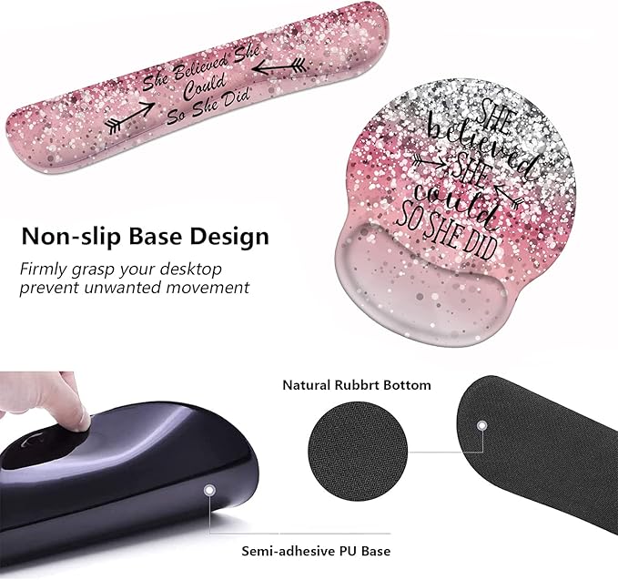 Keyboard Wrist Rest and Mouse Pad Wrist Support Set with Coasters, She Believed She Could So She Did Inspirational Quote Wrist Mouse Pad with Non-Slip PU Base for Computer Laptop Home Office