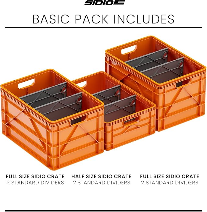 SIDIO Crate Basic Pack - 2 Full-Size & 1 Half-Size Heavy Duty Stackable Storage Bins, Totes and Containers with Dividers - Durable Plastic Organizer for Home, Office, Garage, and Outdoor Use, Orange