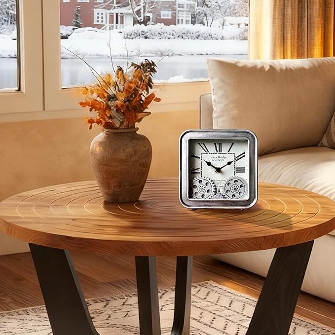Vintage Desk Clock, 6 inch Metal Table Clocks with Moving Gears, Small Silent Non Ticking Industrial Steampunk Quartz Shelf Clock for Home Office Living Room Desk Decor Battery Operated
