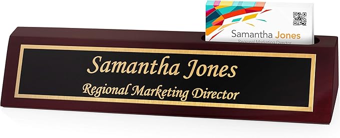 Providence Engraving Personalized Wood Desk Name Plate for Office, Custom Laser Engraving with Business Card Holder, Piano Finish Desk Wedge in Rosewood, 2x8