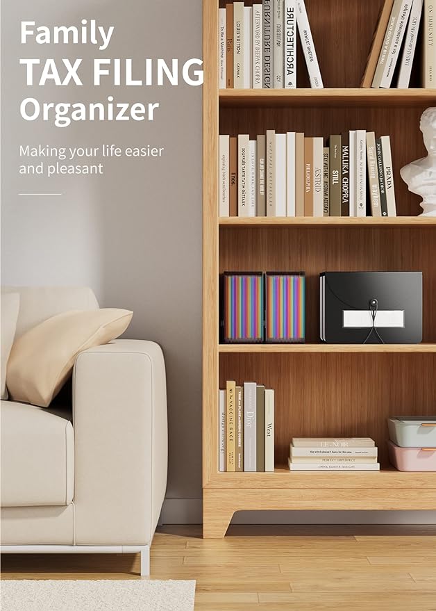 ABC life 26 Pockets File Organizer, Expanding File Folder A4 Letter Size, Portable Monthly Paper Bill Tax Receipt Organizer, Document Holder with Labels, A-Z Alphabetical Colored Tabs - Black