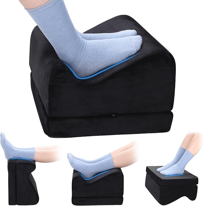 Foot Rest for Under Desk at Work, Foot Mat with Cover for Office Home Chair Sofa, Comfortable Footrest with Adjustable Height, High-Density Foam Leg Elevation Pillow to Relieve Back/Knee Stress, Black