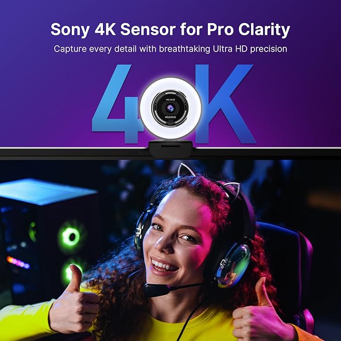 NexiGo N680E Pro, 4K UHD Streaming Webcam with Ring Light, PDAF Autofocus, 1080P@60FPS, 2 Noise?Canceling Mics, Privacy Cover, USB Camera for Zoom/Teams/Twitch/Google Meet