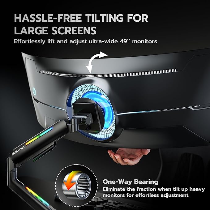 Ultrawide Monitor arm for 17-49'' Heavy Duty Screen up to 44lbs, Gas Spring Single Monitor Arm with RGB Light, Adjustable Gaming Computer Monitor Arm for Desk, Black