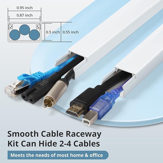Cord Covers for Wires on Wall Extra-Long, 13.12ft TV Cord Hider Kit, Paintable Cable Management Concealer, White Cord Raceway Channel, 4 x L39in x W0.95in x H0.55in