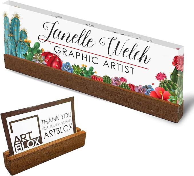 Artblox Personalized Office Desk Name Plate and Business Card Holder | Clear Acrylic Glass with Teak Wood Stand | Cactus Flowers Design Customized with Your Name and Credentials Office Desk Décor