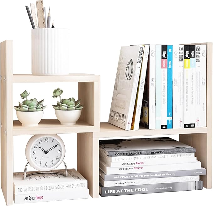 Jerry & Maggie Desktop Organizer Office Storage Rack Adjustable Wood Display Shelf, White, 5 Units, 16"L x 15.8"H x 6.8"W