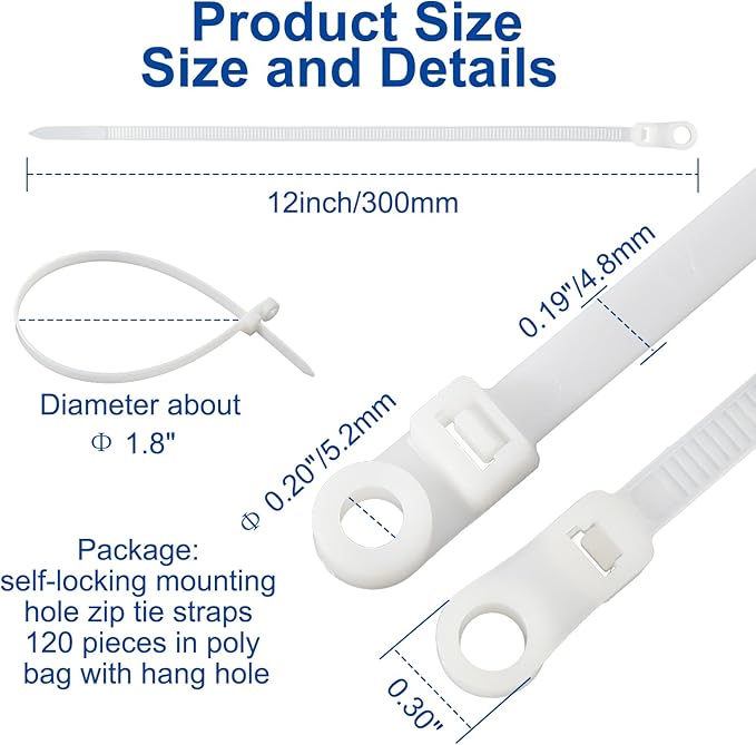 120 PCS 12 Inch Plastic Zip Ties with Screw Holes, Heavy Duty Mountable Cable Ties, UV Resistant Electrical Zip Ties for Indoor & Outdoor (White)