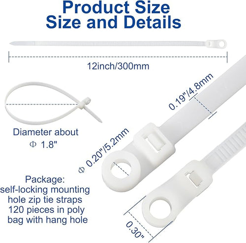 120 PCS 12 Inch Plastic Zip Ties with Screw Holes, Heavy Duty Mountable Cable Ties, UV Resistant Electrical Zip Ties for Indoor & Outdoor (White)