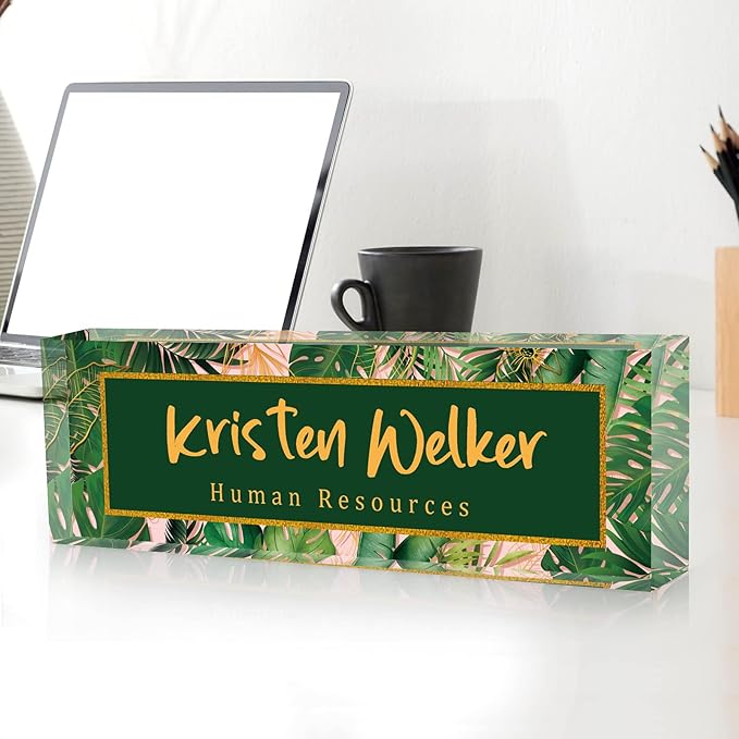 SalaGraphics Desk Name Plate, Custom for, Office Decor Women Men, Acrylic Accessories, Gifts Coworkers Boss Teacher, Employee Appreciation (Green Leaves), 8”(L)x2.5(W)