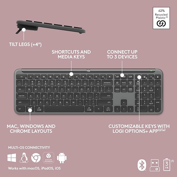 Logitech Signature Slim K950 Wireless Keyboard, Sleek Design, Switch Typing Between Devices, Quiet Typing, Bluetooth, Multi-OS, Windows, Mac, Chrome - Graphite