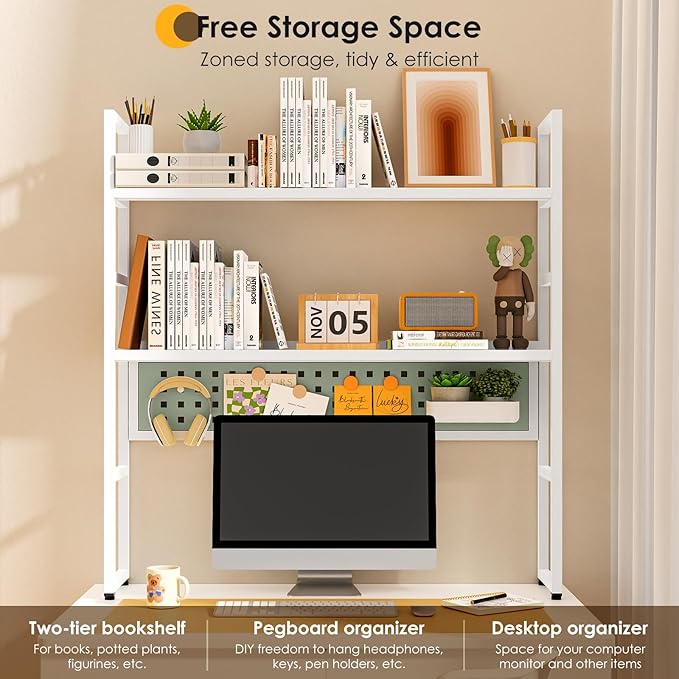 Desk Shelf, 35.43" Desk Hutch Bookshelf, Desktop Shelf with Pegboard for Computer Monitor, Metal Desktop Hutch Storage Organizer for Dorm Home Office, 2 Tier Bookcase, White