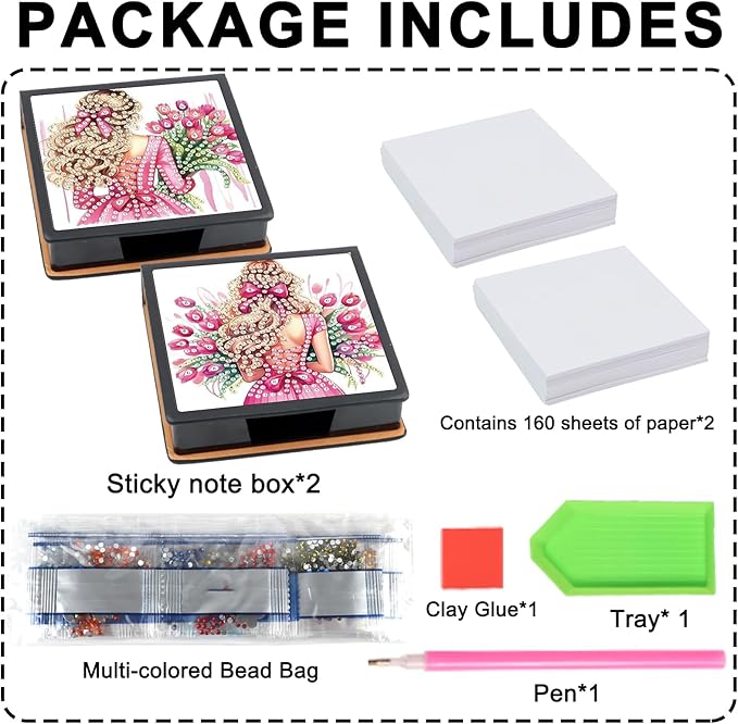 2 pcs Girl Diamond Painting Kit Note Box,Back View Memo Paper Storage Box Diamond Art,Sticky Note Holder Diamond Art,Diamond Painting Memo Pad For Office Desk. (Girl)
