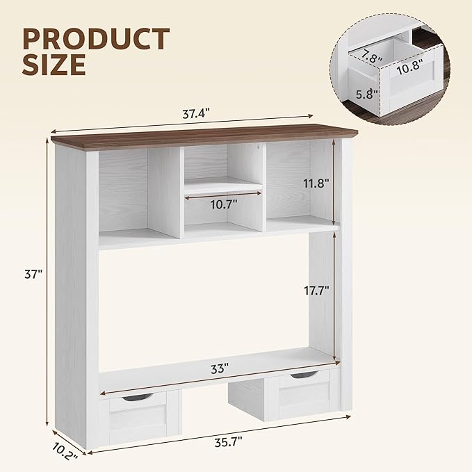 Desktop Bookshelf with Computer Monitor Stand, 37.4''W Desk Shelf Display Rack, Desktop Organizer Storage Rack with 4 Cubbies and 2 Drawers, 5-Tier Desk Hutch for Home, Office, Dorm, Vanity