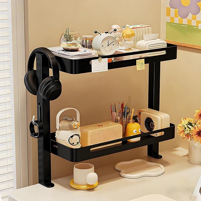 JHDXL Clamp On Desk Organizer Shelf, Rotatable Height Adjustable Over or Under Desk Storage Shelves, Vertical Storage for Small Desks, Home Office, Dorm, Makeup Vanity(Black,66cm/26in)