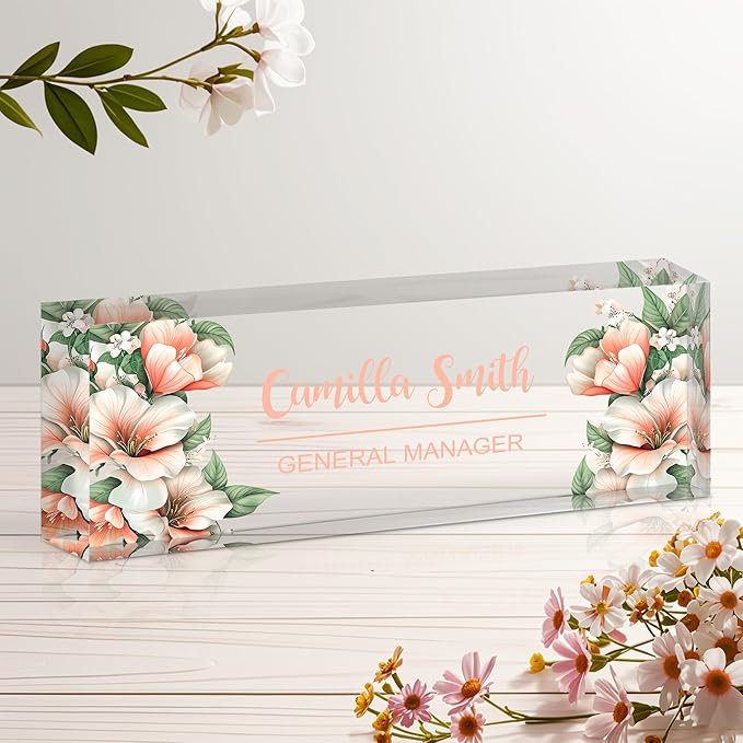 Personalized Name Plate for Desk, Custom Acrylic Desk Name Sign, Office Appreciation Gifts for Women Men Coworkers Boss Teacher Employee (Flower-Lily)