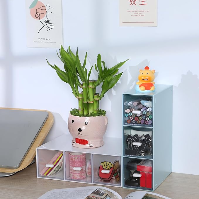 Desktop Drawers, Desk Organizer with 3 Drawers, Stackable Plastic Storage Box for Home Collection, Cosmetics, Office Supplies (1 Tall Layer, Blue)