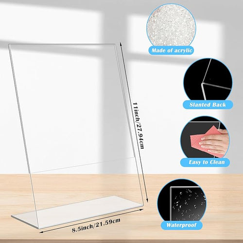 6 Pack Acrylic Slant Sign Holder,8.5 x 11 Inch Acrylic Sign Holder,Slant Back Paper Display Stand,Clear Menu Flyer Paper Holders for Office Desktop Restaurants