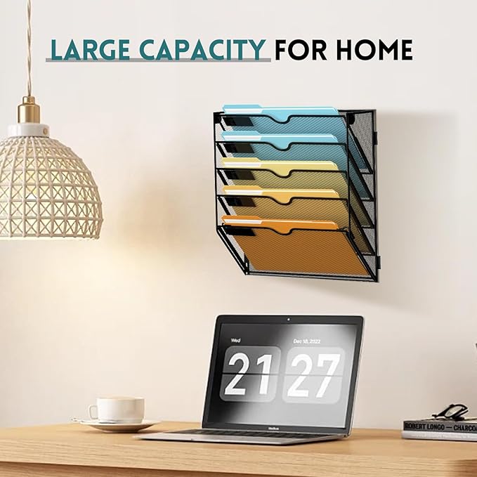 SUPEASY 5-Tier Wall File Organizer Mesh Office Mail Holder, Hanging Wall Organizer Magazine Rack for Office Black
