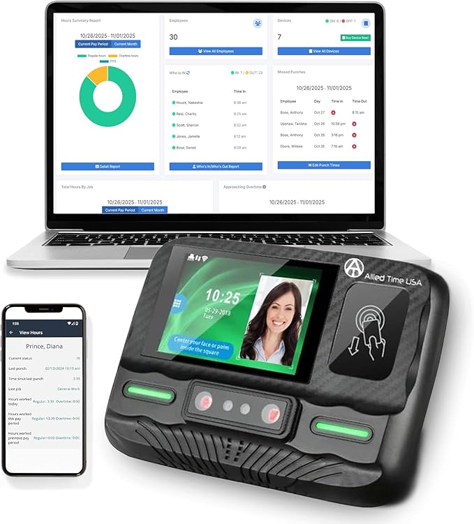 Badge + Face + Palm scan time Clock with Online Reporting (Model #CB4100)