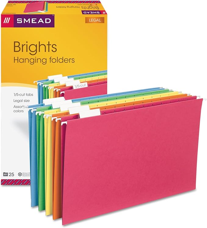 Smead Hanging File Folder with Tab, 1/5-Cut Adjustable Tab, Legal Size, Assorted Primary Colors, 25 per Box (64159) (Pack of 1)
