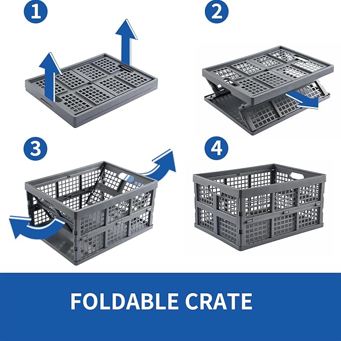3-Pack Plastic Collapsible Storage Crates-30L,Foldable Plastic Crates for Storage (Gray)