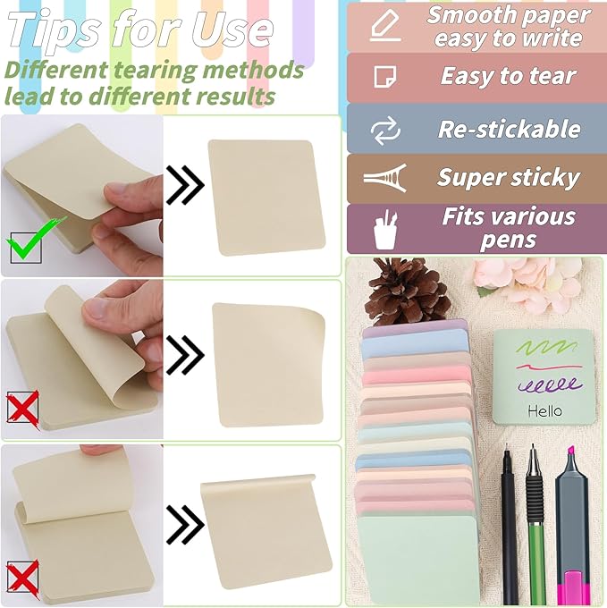 60 Pack Vintage Round Corner Sticky Notes 3x3 12 Retro Colors Posted Note Adhesive Paper Memo Pads 56 Sheets/Pad Self-Stick Note Bulk Easy to Stick for Back to School Teacher Student, Office Supplies