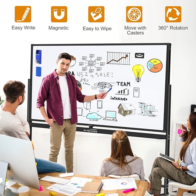 H-Qprobd Dry Erase Board with Stand 72"x40" Magnetic Mobile Whiteboard on Wheels Double-Sided Rolling Whiteboard for Office, Home & School
