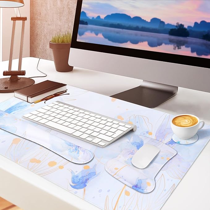 MOSISO Desk Pad Mat Keyboard Mouse Pad Set, Large Gaming Mouse Pad&Keyboard Wrist Rest&Mouse Pad with Wrist Rest&Coaster, Ink Petals Ergonomic Non-Slip Mousepad with Memory Foam for Home Office,Blue