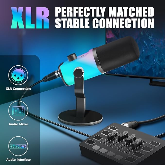 XLR/USB Dynamic Microphone, Dynamic Pc Microphone for Live Streaming and Podcasting, Featuring RGB Lighting, Mute Function, Noise Reduction, and Desktop Stand