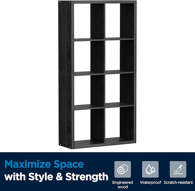 8 Cube Storage Organizer, Cube Shelf with Heavy-Duty Thick Boards, 25.12" L x 9.37" W x 48.74" H, Smooth Easy-Clean Panels, Simple Assembly, for Living Room Bedroom Home Office, Black