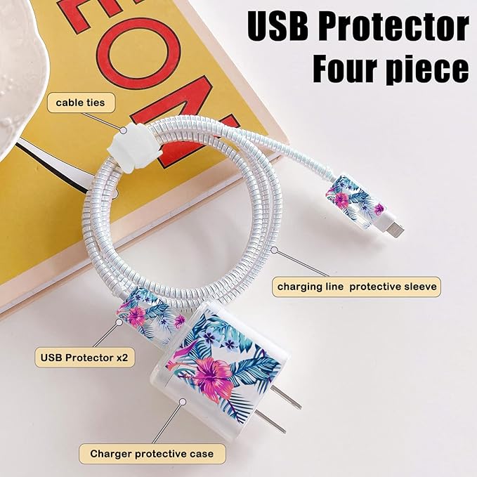 Cute Flowers DIY Protectors Cable Protector for iPhone Charger,Green Leaves Pattern,Data Cable Charger Data Line Earphone Wire Saver for iPhone X 13 12 12 Pro Max