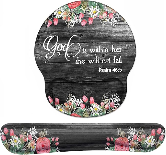 Keyboard Wrist Rest and Mouse Pad Wrist Support Set with Coasters, Ergonomic Gaming Mousepad for Home Office Working Studying Easy Typing & Pain Relief, Floral Quote Bible Verse Psalm 46:5