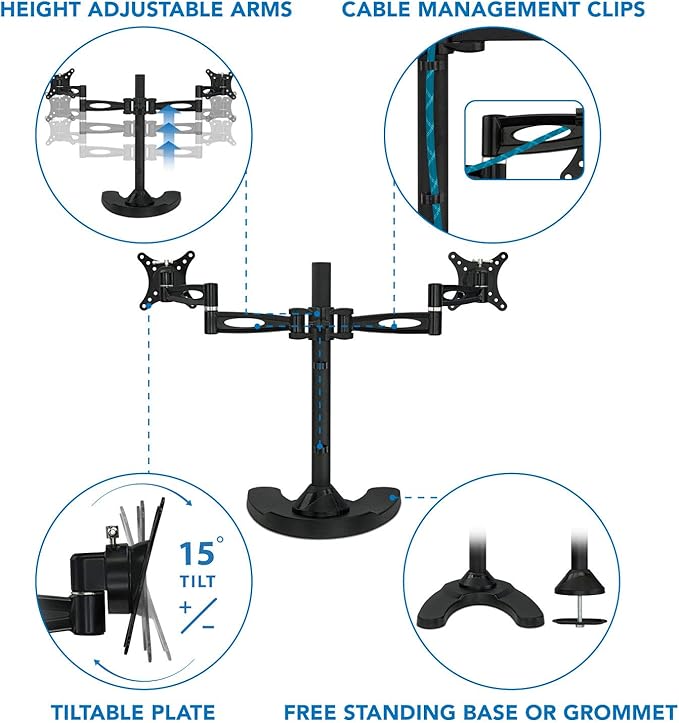 Mount-It! Free Standing Dual Monitor Stand | Double Arm Desk Mount Fits Two x 21 24 27 Inch Computer Screens | 2 Heavy Duty Full Motion Adjustable Arms | VESA 75 100 Compatible | Grommet Base Included