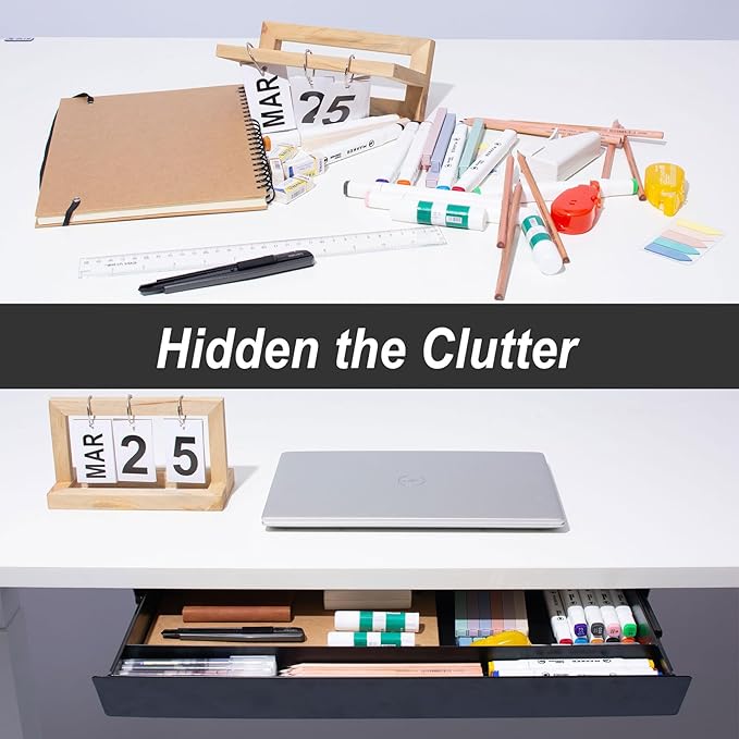 Large Under Desk Mounted Sliding Drawer with Bamboo Tray and 60 Degree Tilt Panel to Pull Out, 30'' Long & 13'' deep Large Storage Organizer for Sit Stand Workstation