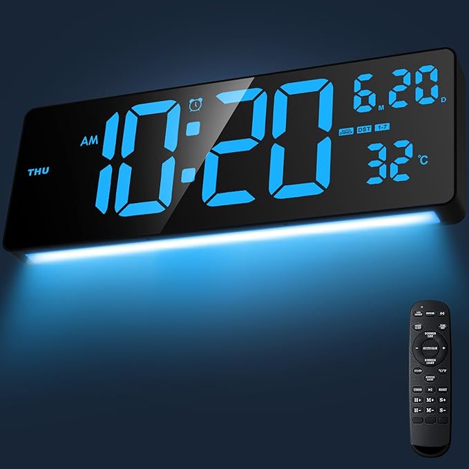 16.5" Digital Clock Large Display with Remote Control, 6-Color Night Light Digital Wall Clock with Dual Alarms, Temperature, Auto DST Large Digital Clock for Living Room, Bedroom, Desk, Mounted, Gift