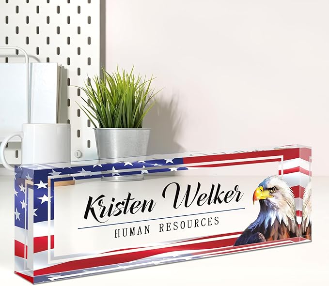 Name Plate for Desk, Desk Name Plate Personalized, Office Decor for Women Men, Acrylic Desktop Accessories, Office Appreciation Gifts for Boss Social Workers Teacher Employee Nurse (Flag B)