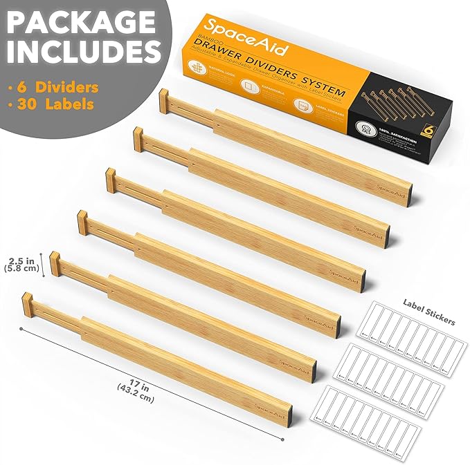 SpaceAid Bamboo Drawer Dividers (Need 2.35" Deep Drawer) Kitchen Adjustable Drawer Organizers, Expandable Organization for Home, Office, Dressers and Bathroom, 6 Dividers (13.25-17 in)
