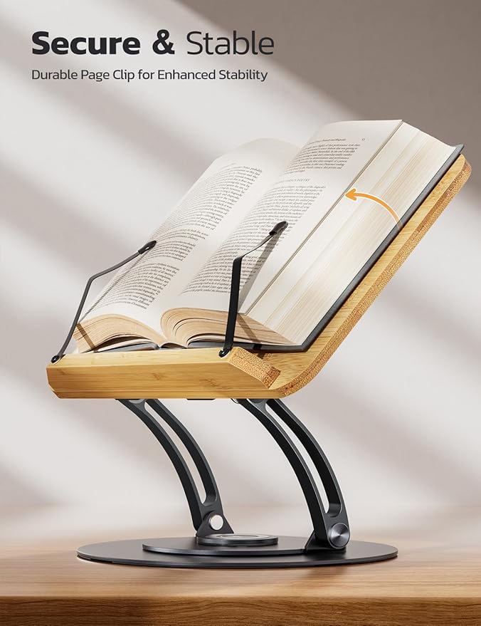 Nulaxy Bamboo 360 Rotating Book Stand for Reading, Adjustable Textbook Holder for Reading Hands-Free, Foldable Desktop Cookbook Stand with Protective Page Clips, Fits All Books - Gray