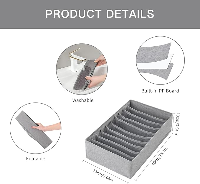 Qozary 4 Pack Drawer Organizers, 10 Grids Foldable Dresser Organizers for Clothing, Folded Clothes, T-shirt, Tank Tops, Camisoles, Underwear, Leggings, Baby Clothes