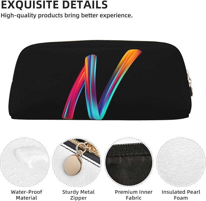 Cute Initial Pencil Case for Kids Simple Leather Pencil Pouch for Boys Girls Letter Design Pencil Box Pen Bag Pencil Pouch Office Stationery Organizer, Rainbow Letter N