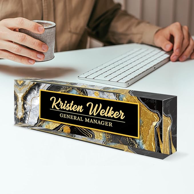 Personalized Name Plate, Custom Office Decor - Acrylic Desk Accessory, Office Gifts for Employees (Black Coast)