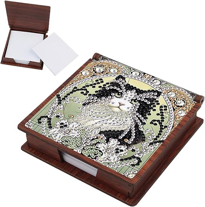 Wooden DIY Black White Cat Diamond Art Notecard Box – DIY Gem Art Sticky Note Holder for Adults 160 Sheets Memo Pad Storage