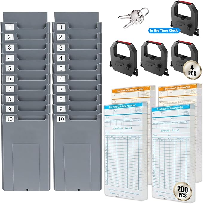 TooCust Time Clock Bundle with 200 Time Cards, 4 Ink Ribbons, 2 Ten-Slot Time Card Racks, & 2 Security Keys, Auto-Align Employee Time Clocks for Small Business