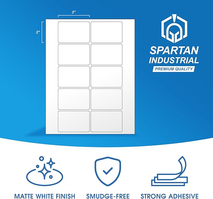 3" X 2" Matte White Printable Labels for Inkjet and Laser Printers - 250 Sheets, 2500 Custom Stickers for Address Labels, Product Labeling, Shipping - Spartan Industrial Template R011