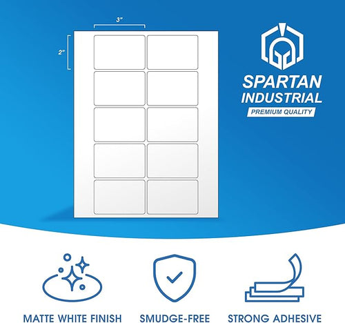 3" X 2" Matte White Printable Labels for Inkjet and Laser Printers - 250 Sheets, 2500 Custom Stickers for Address Labels, Product Labeling, Shipping - Spartan Industrial Template R011
