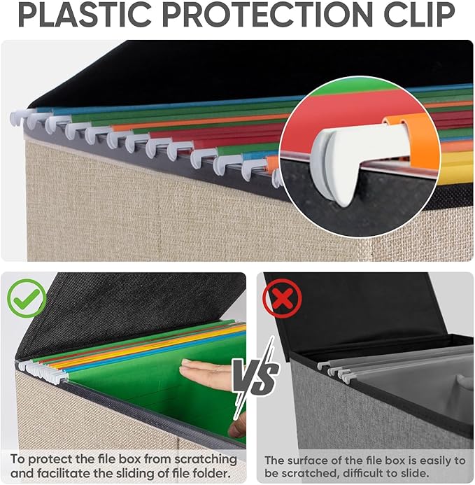 BALEINE File Organizer Box with Lid, Collapsible File Folder Organizer with Plastic Slide, Hanging File Folder Box for Office Document Storage (1 Pack, Beige)