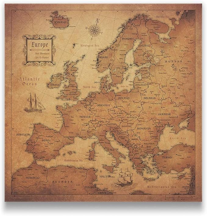 Conquest Maps Push Pin Europe Map Board - With Push Pins to Mark Europe Travel - Handmade in Ohio, USA - Design: Golden Aged